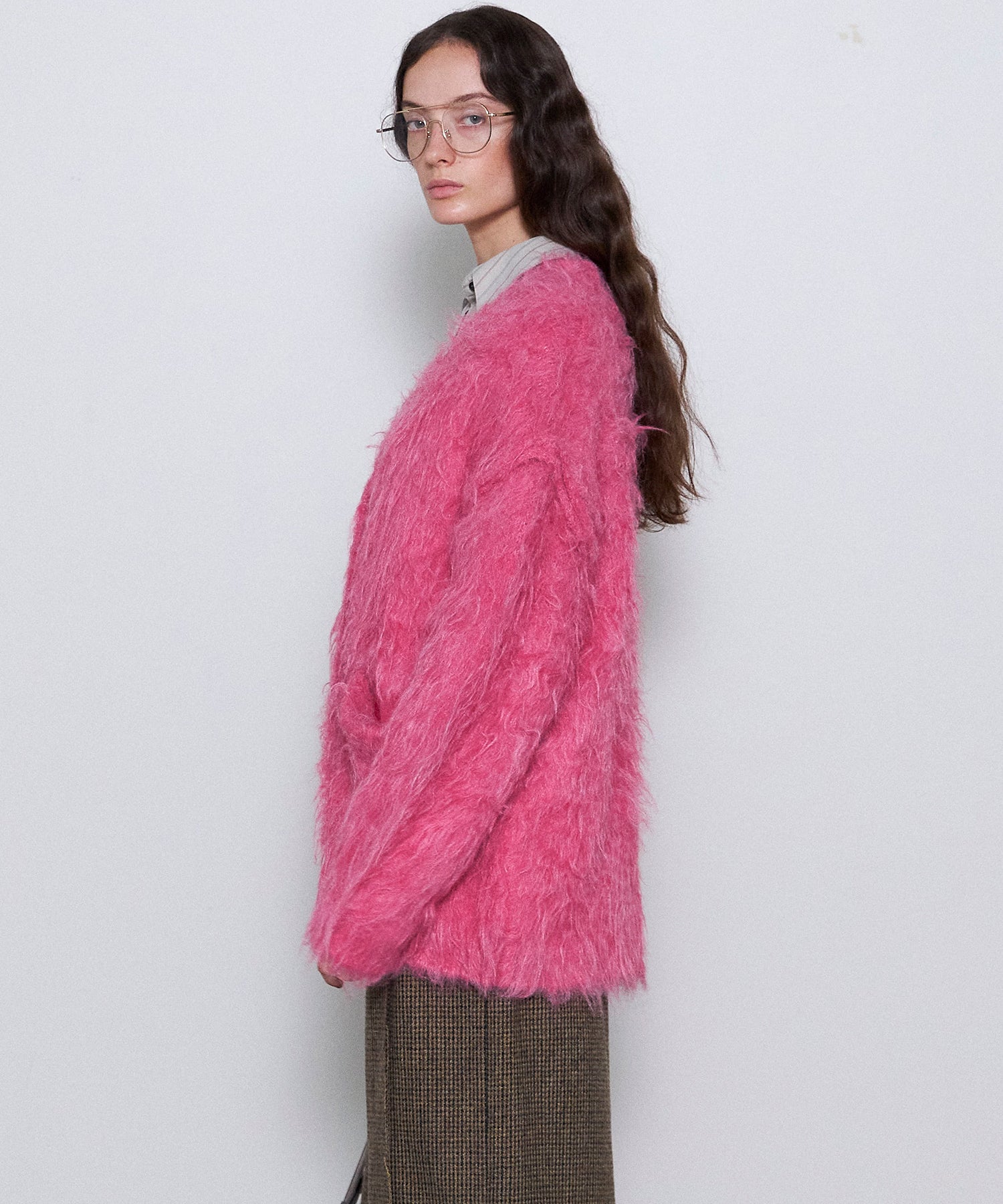 Pink shaggy knit cardigan hotsell