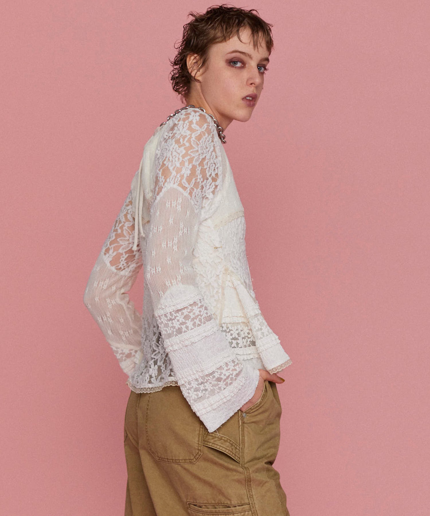 【25SPRING PRE-ORDER】Lace Fabric Docking Cardigan