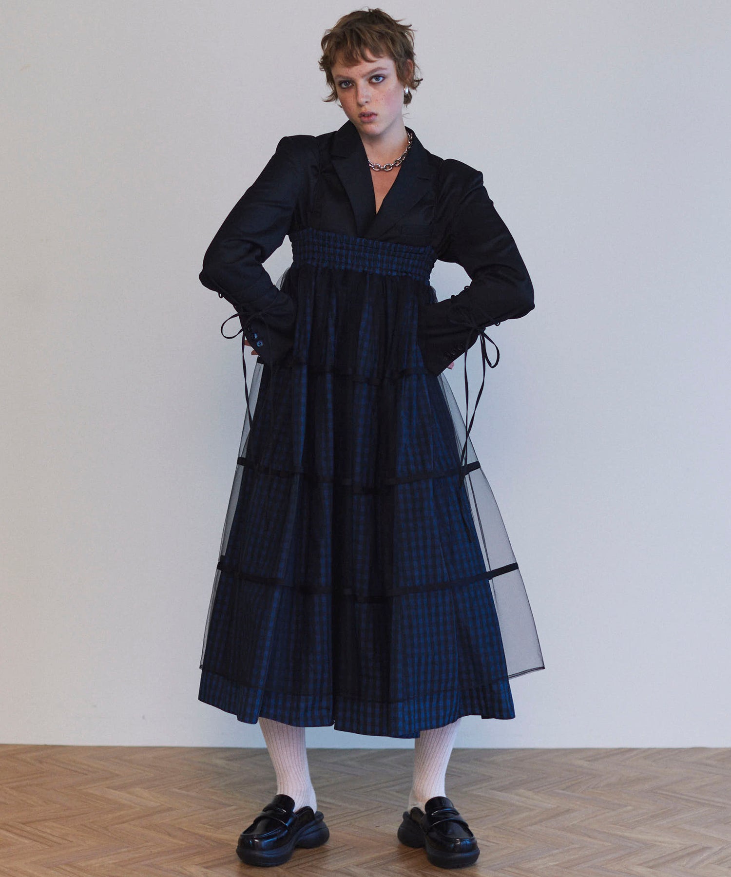 【25SPRING PRE-ORDER】2way Tulle Layered Plaid Pattern Volume Silhouette Skirt