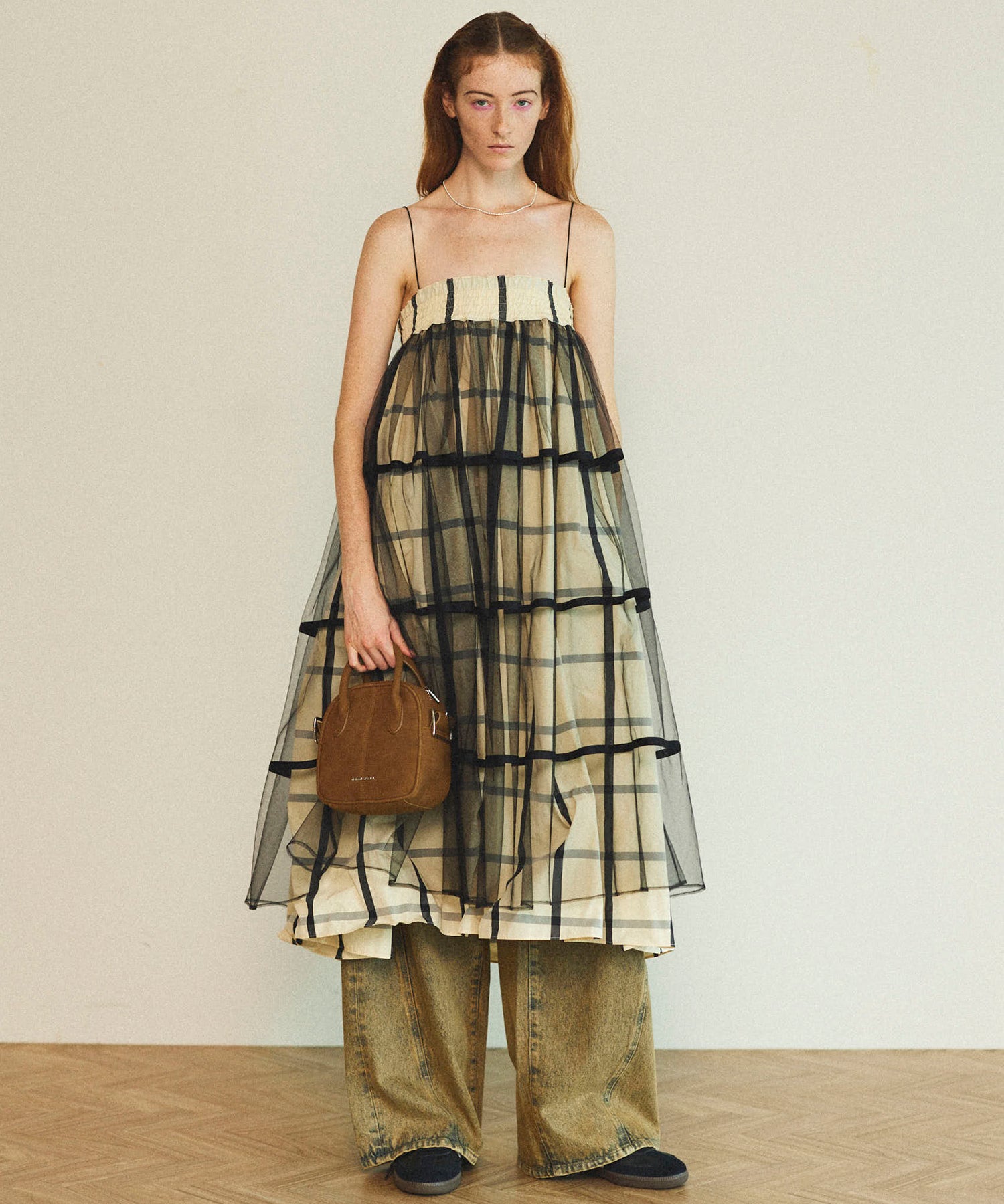 【25SPRING PRE-ORDER】2way Tulle Layered Plaid Pattern Volume Silhouette Skirt