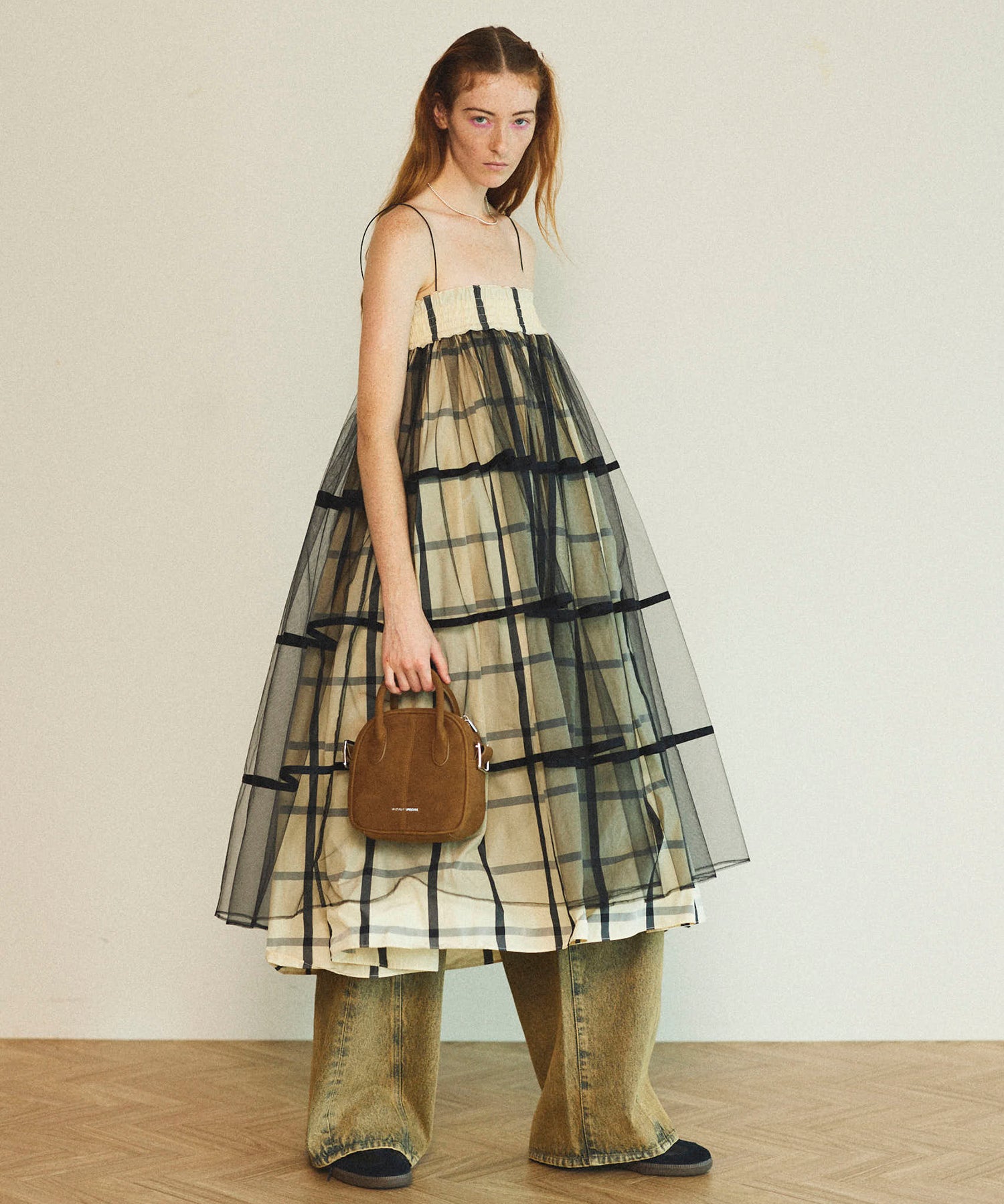 【25SPRING PRE-ORDER】2way Tulle Layered Plaid Pattern Volume Silhouette Skirt