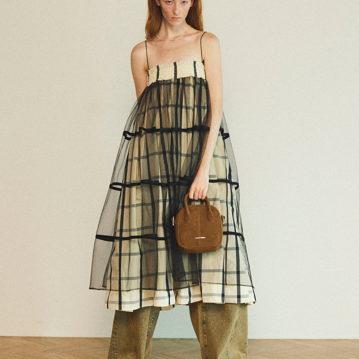 SALE】2way Tulle Layered Plaid Pattern Volume Silhouette Skirt