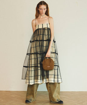 【25SPRING PRE-ORDER】2way Tulle Layered Plaid Pattern Volume Silhouette Skirt