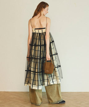 【25SPRING PRE-ORDER】2way Tulle Layered Plaid Pattern Volume Silhouette Skirt