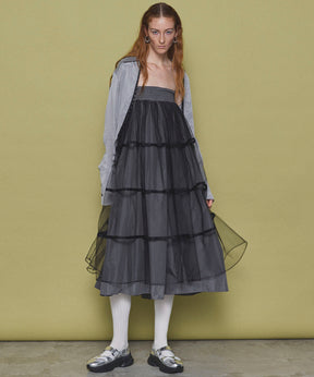 【25SPRING PRE-ORDER】2way Tulle Layered Plaid Pattern Volume Silhouette Skirt