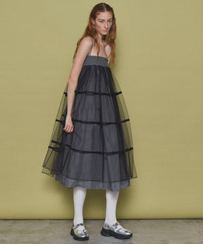 【25SPRING PRE-ORDER】2way Tulle Layered Plaid Pattern Volume Silhouette Skirt