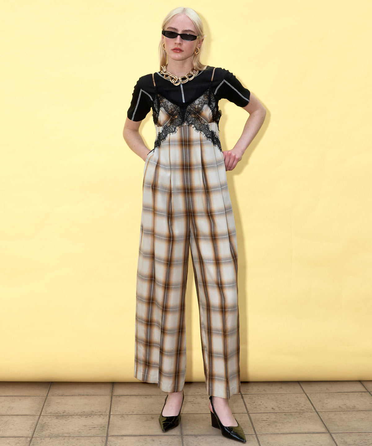 Plaid Lace Camisole All-In-One