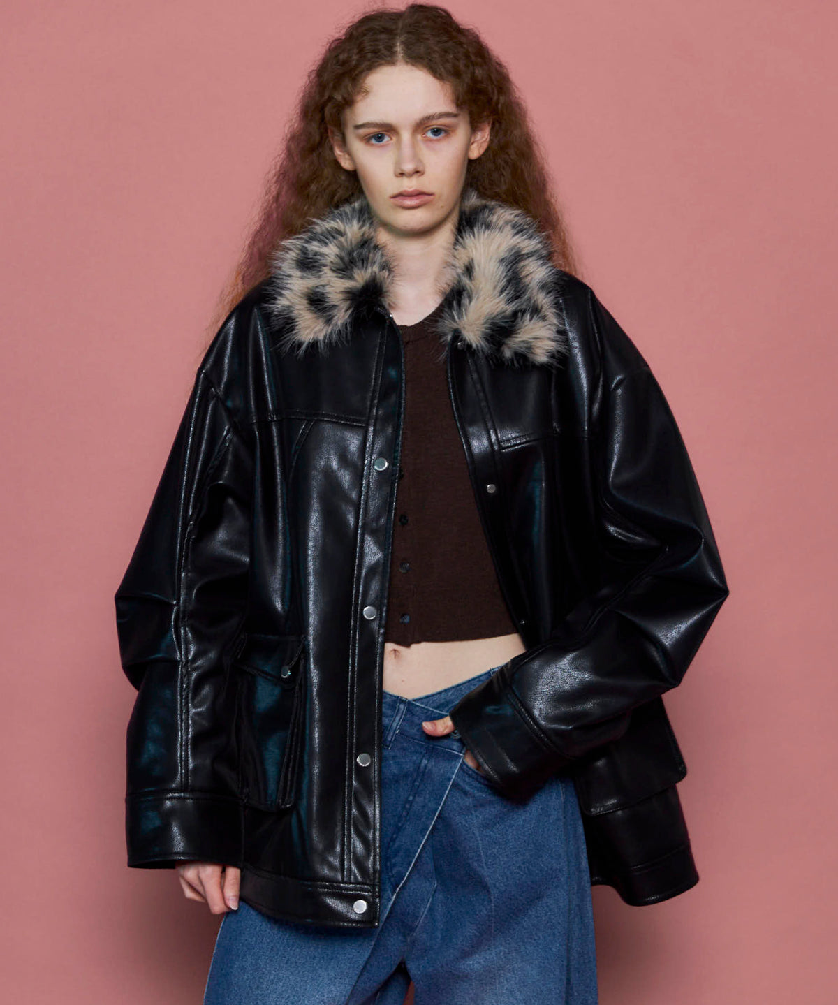 Fur Collar Vegan Leather Middle Blouson