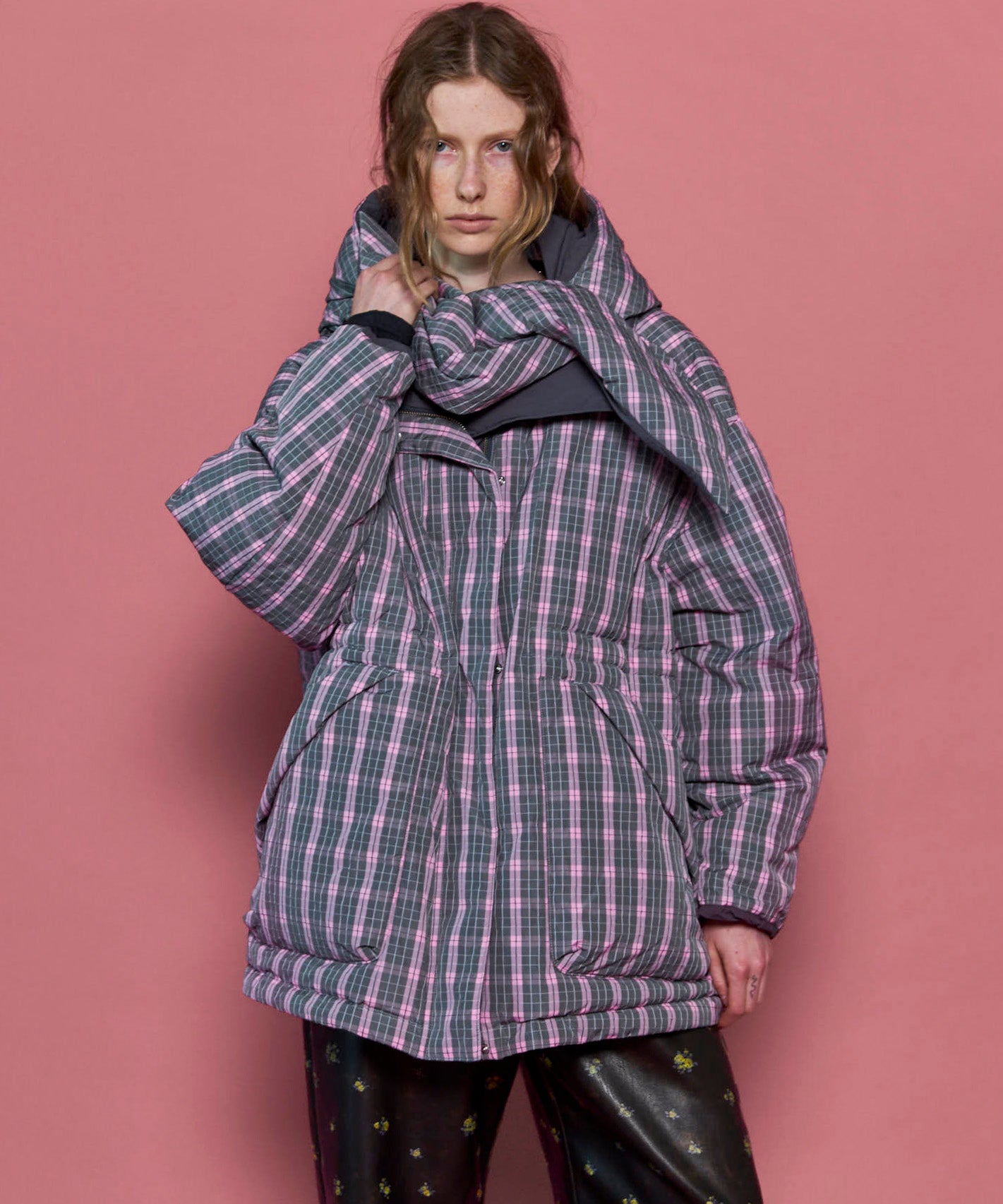 Plaid Hoodie Scarf Middle Down Coat