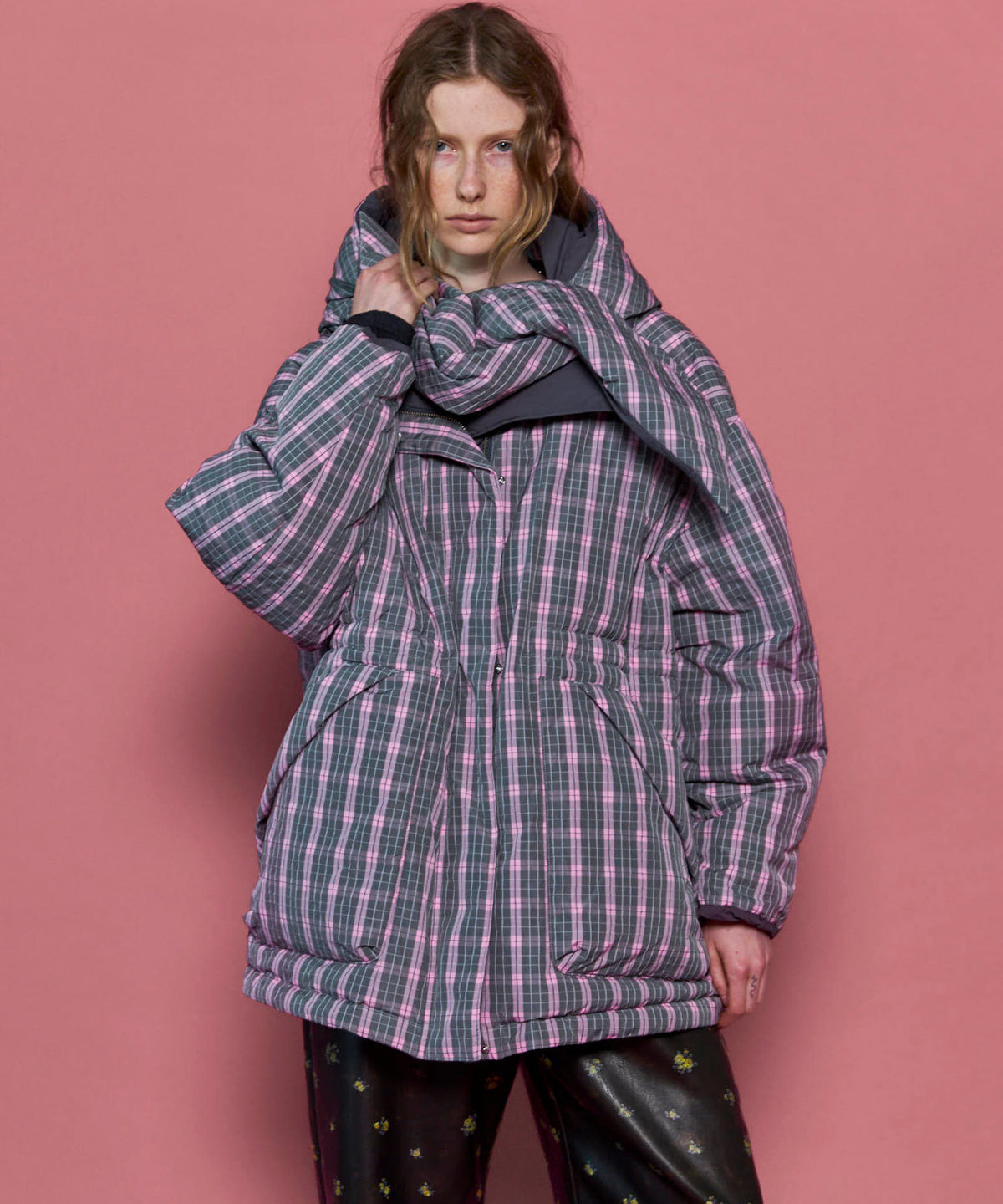 Plaid Hoodie Scarf Middle Down Coat