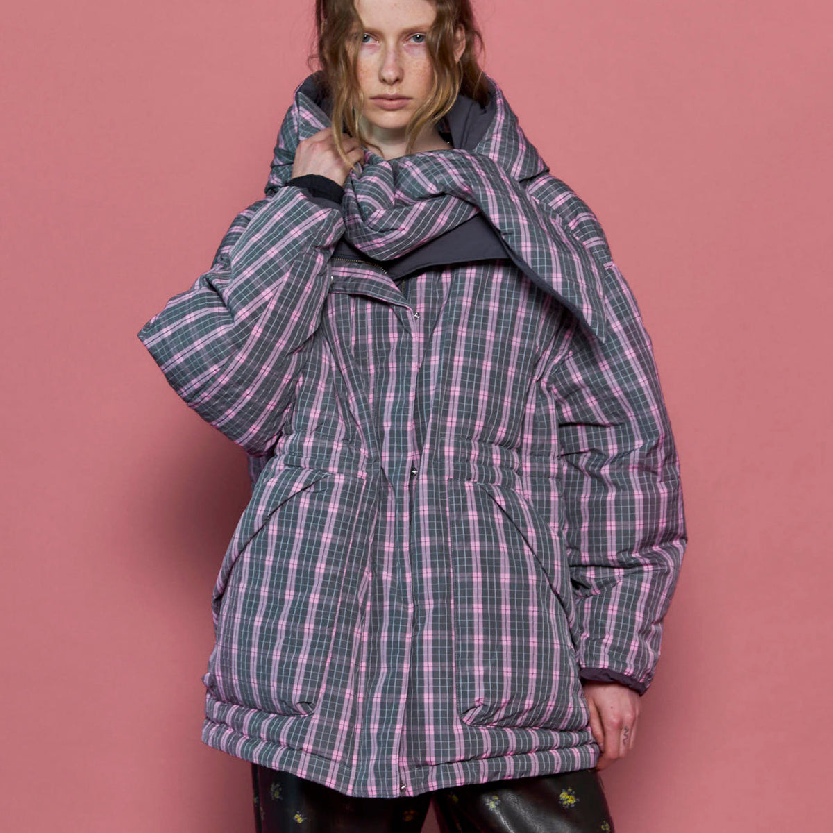 Plaid Hoodie Scarf Middle Down Coat