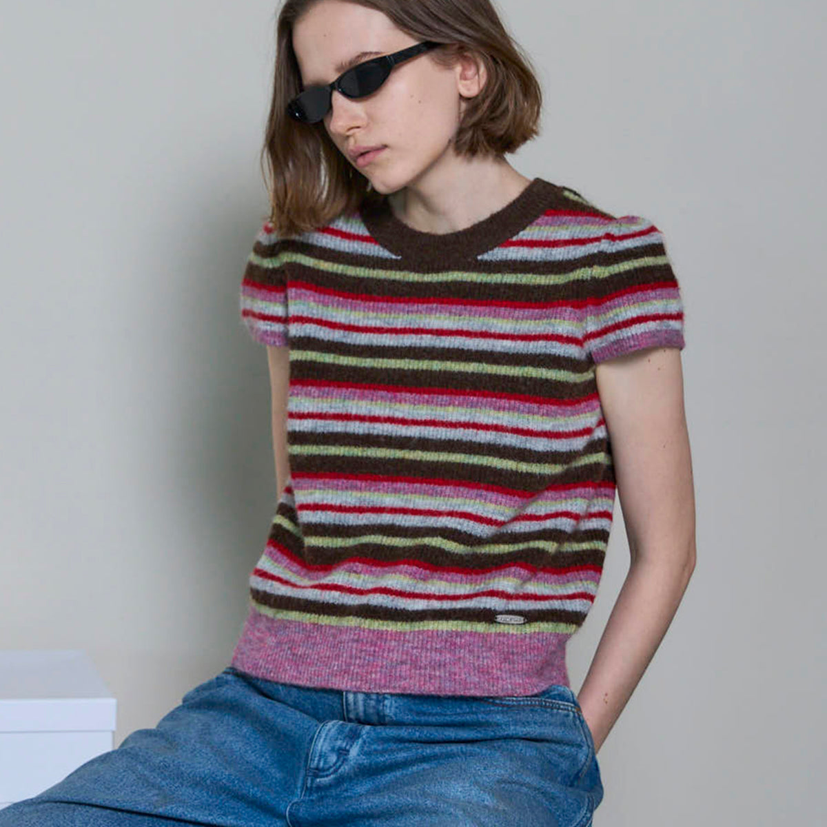 Multi Border Cap Sleeve Knit Tops