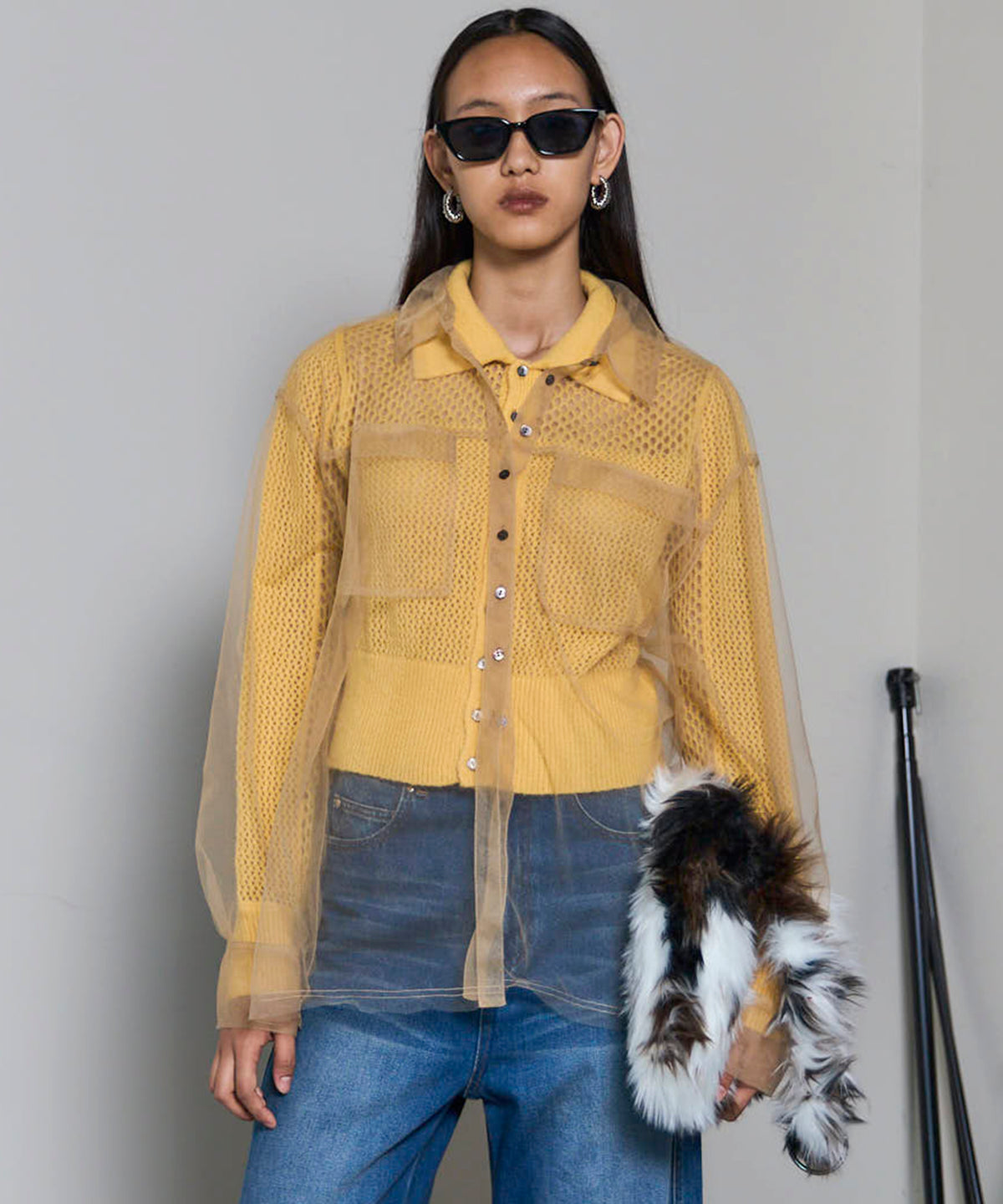 Tulle Shirt Layered Polo Knit Cardigan