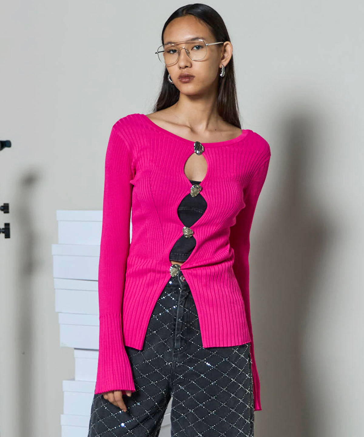 Button Slit 2way  Knit Tops