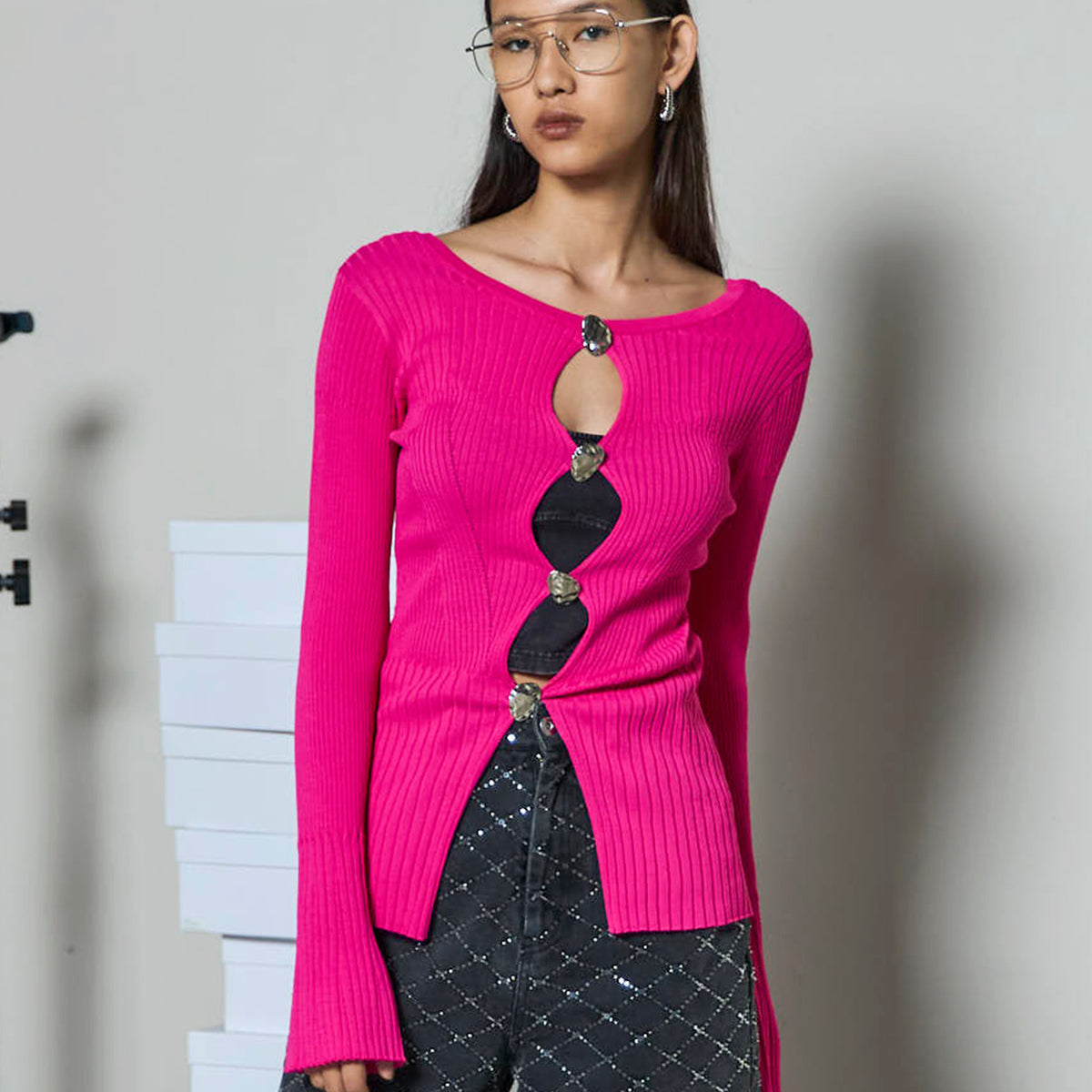 Button Slit 2way Knit Tops