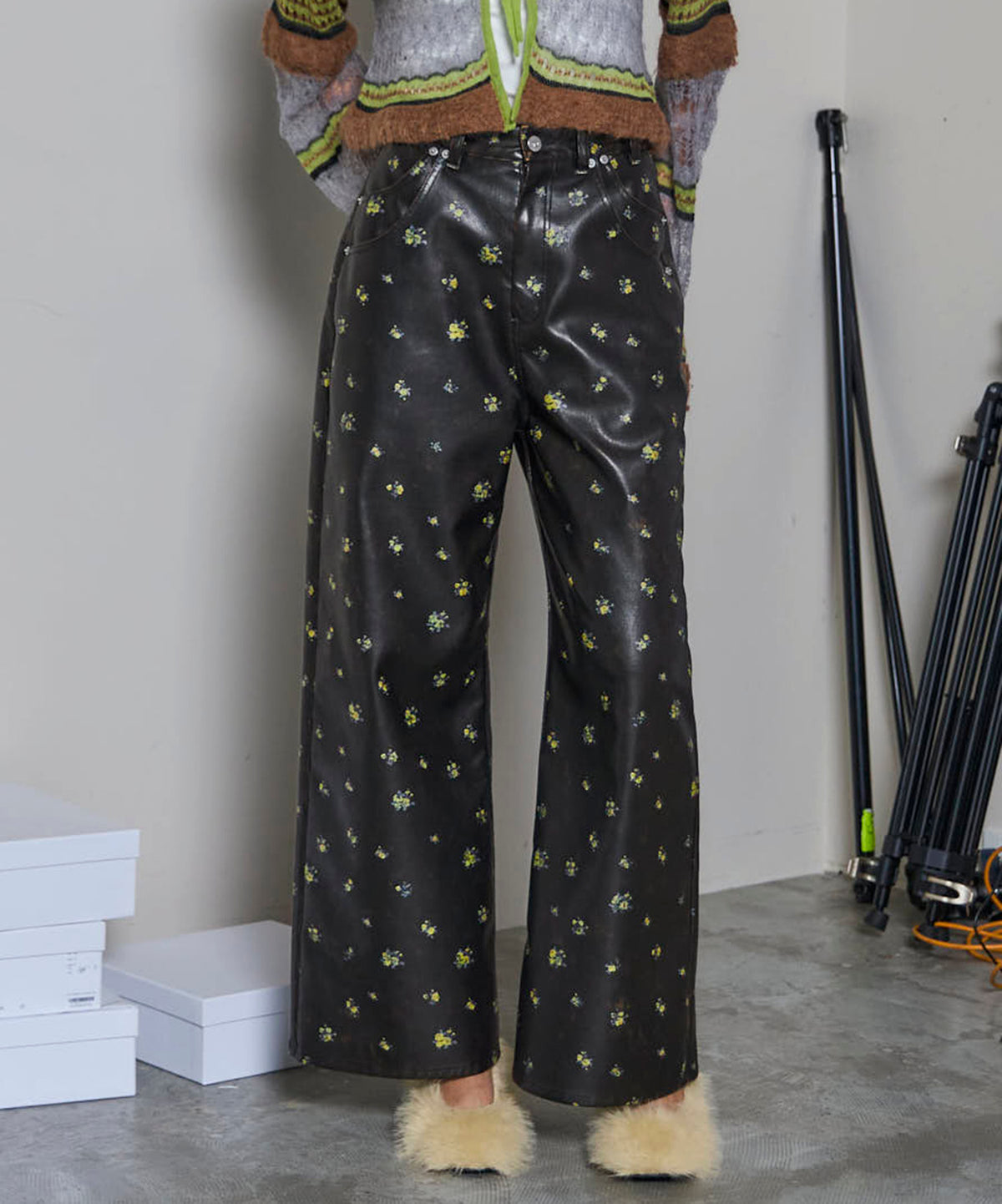 Vegan Leather Flower Print Pants
