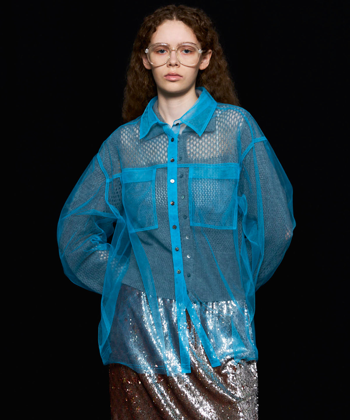 Tulle Shirt Layered Polo Knit Cardigan