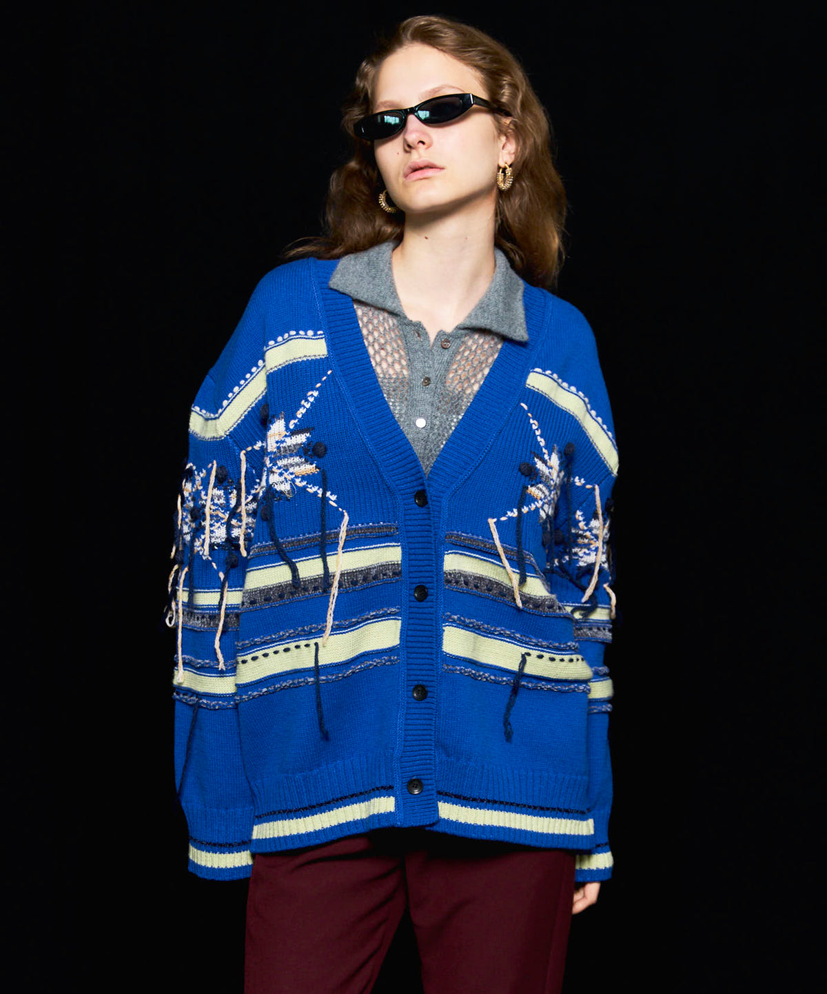 Argyle Motif Hand Stitch Knit Cardigan