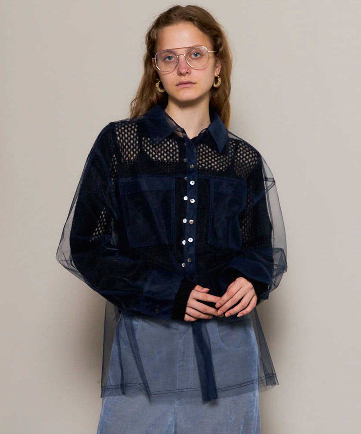 Tulle Shirt Layered Polo Knit Cardigan