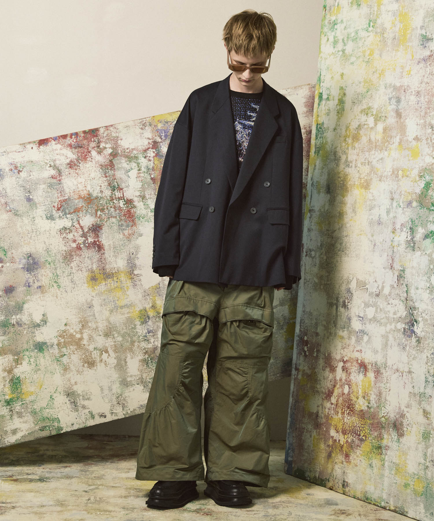 Gather Curved Switching Wide Pants