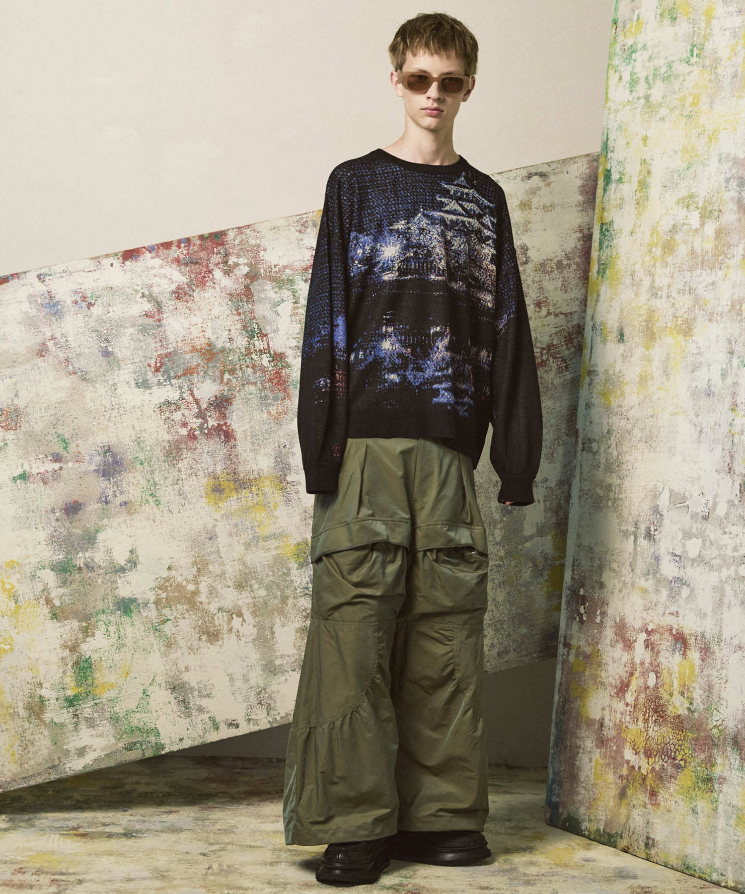 Gather Curved Switching Wide Pants