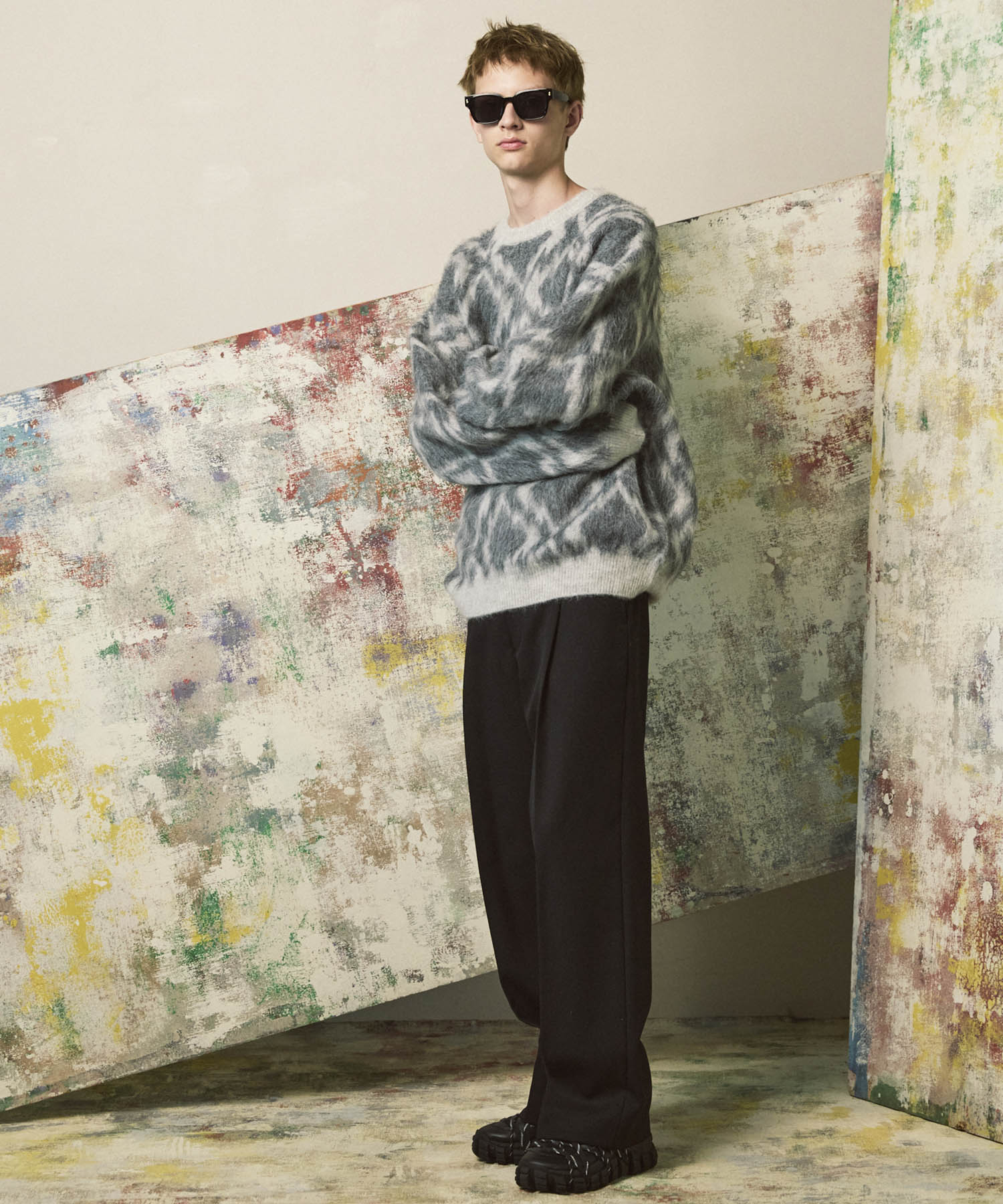 [25AW PRE-ORDER] Diamond Geometric Pattern Prime-Over Crew Neck Mohair Shaggy Knit Pullover