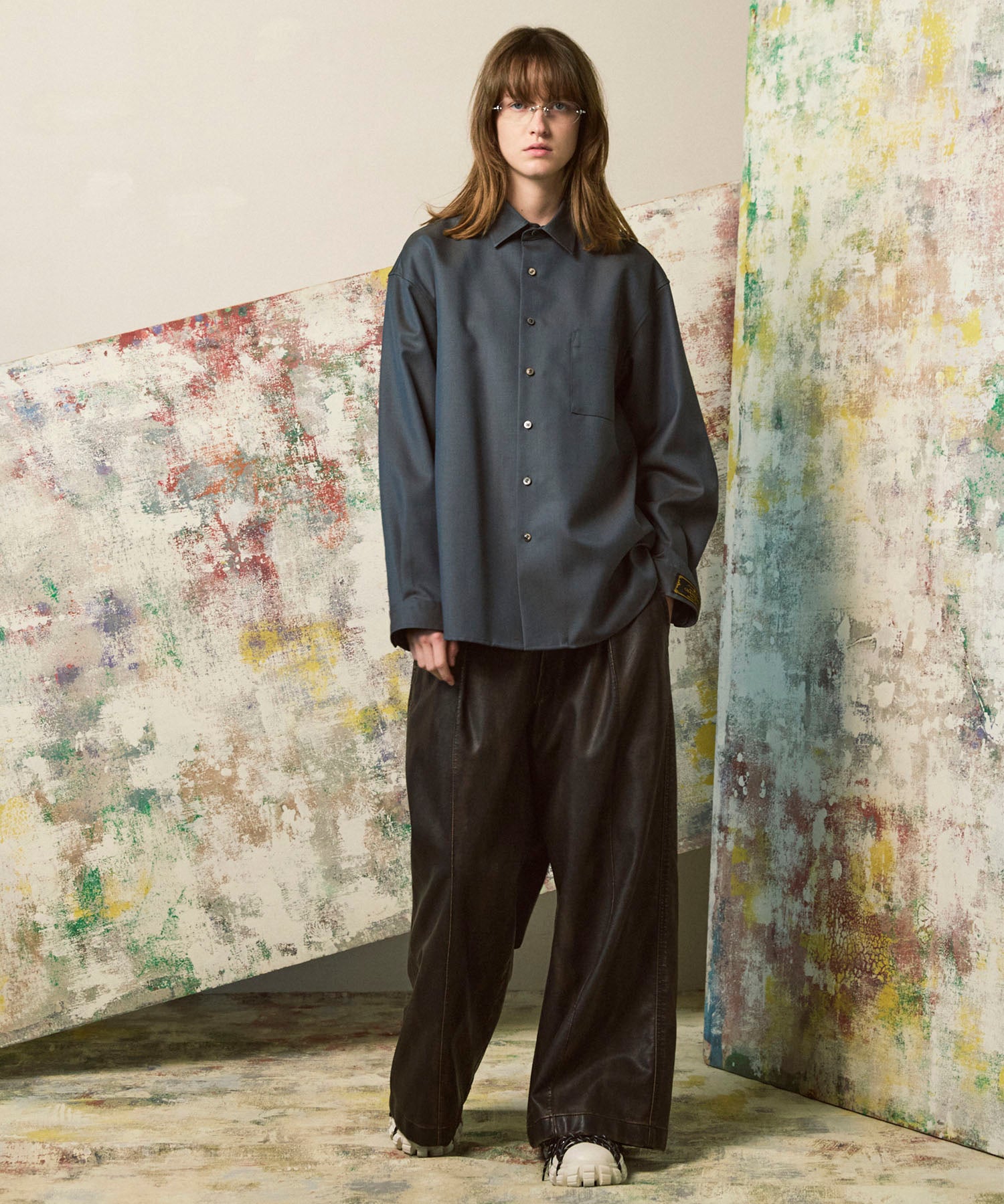 인공 가죽 핀 턱 넓은 바지