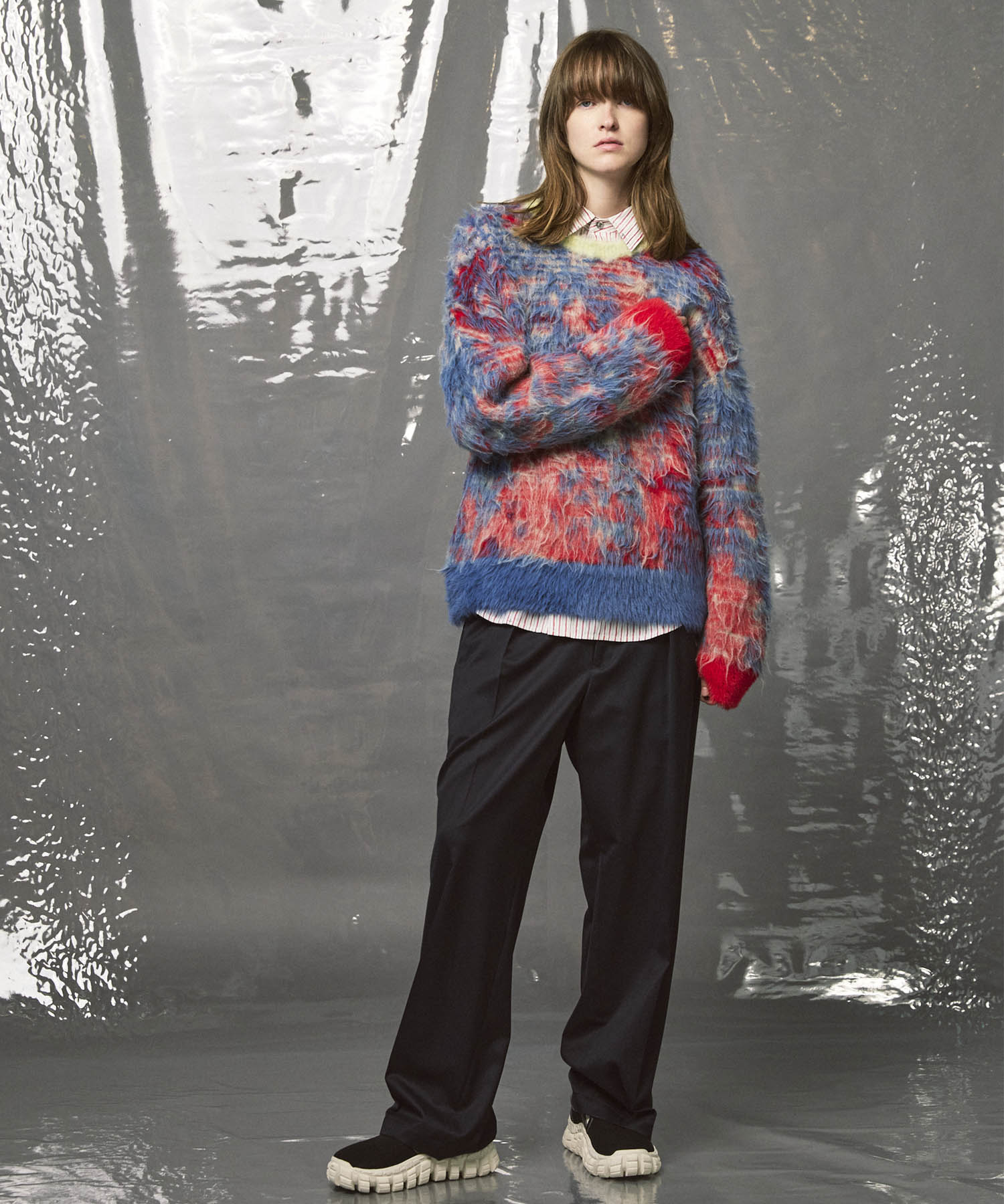 7G Shaggy Jacquard Prime-Over Crew Neck Knit Pullover