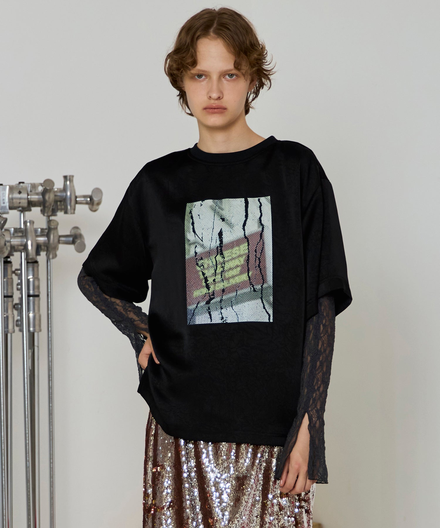 Dot Photo Print Satin T-Shirt