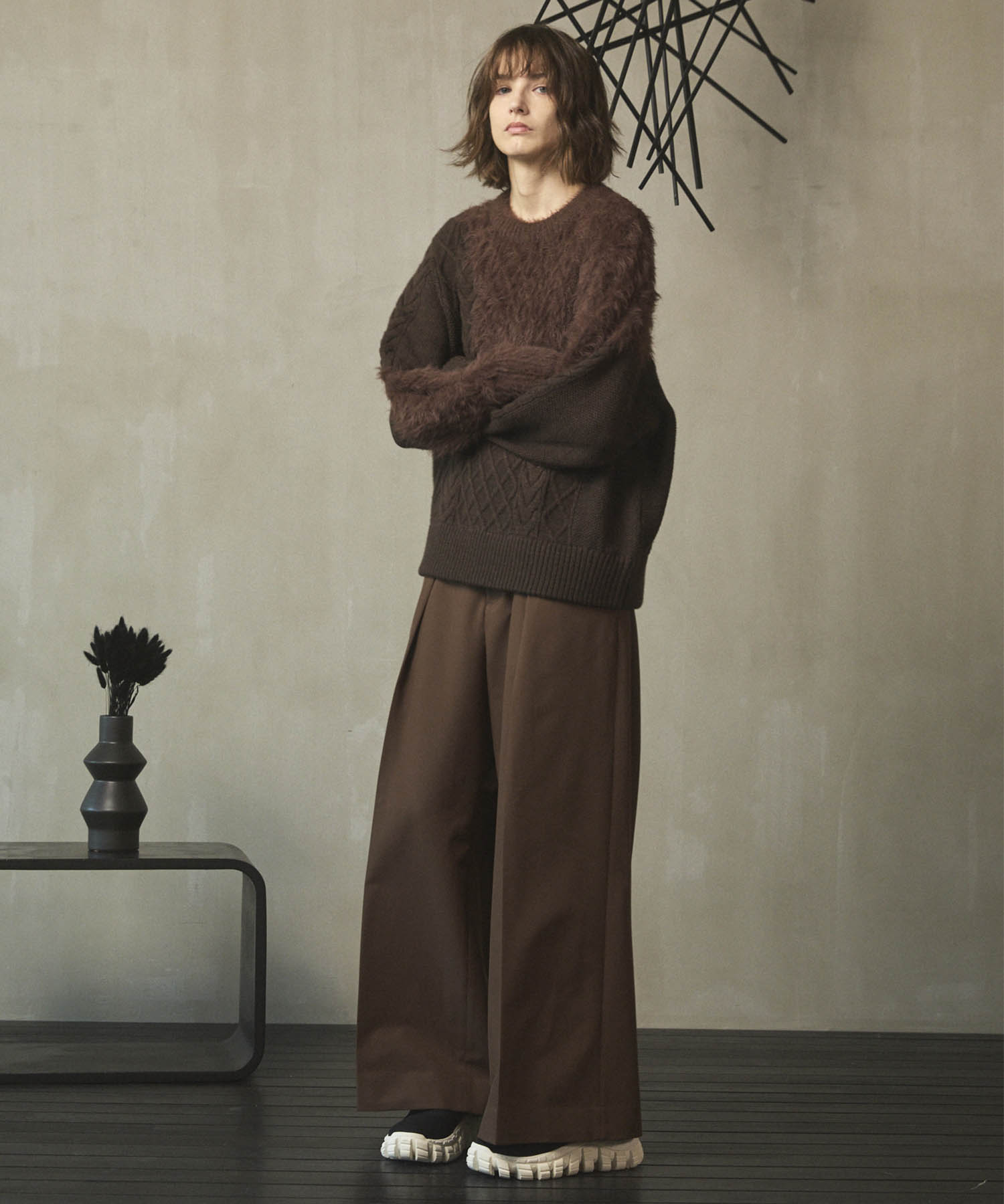 25AW PRE-ORDER】Cable Shaggy Mix Prime-Over Crew Neck Knit