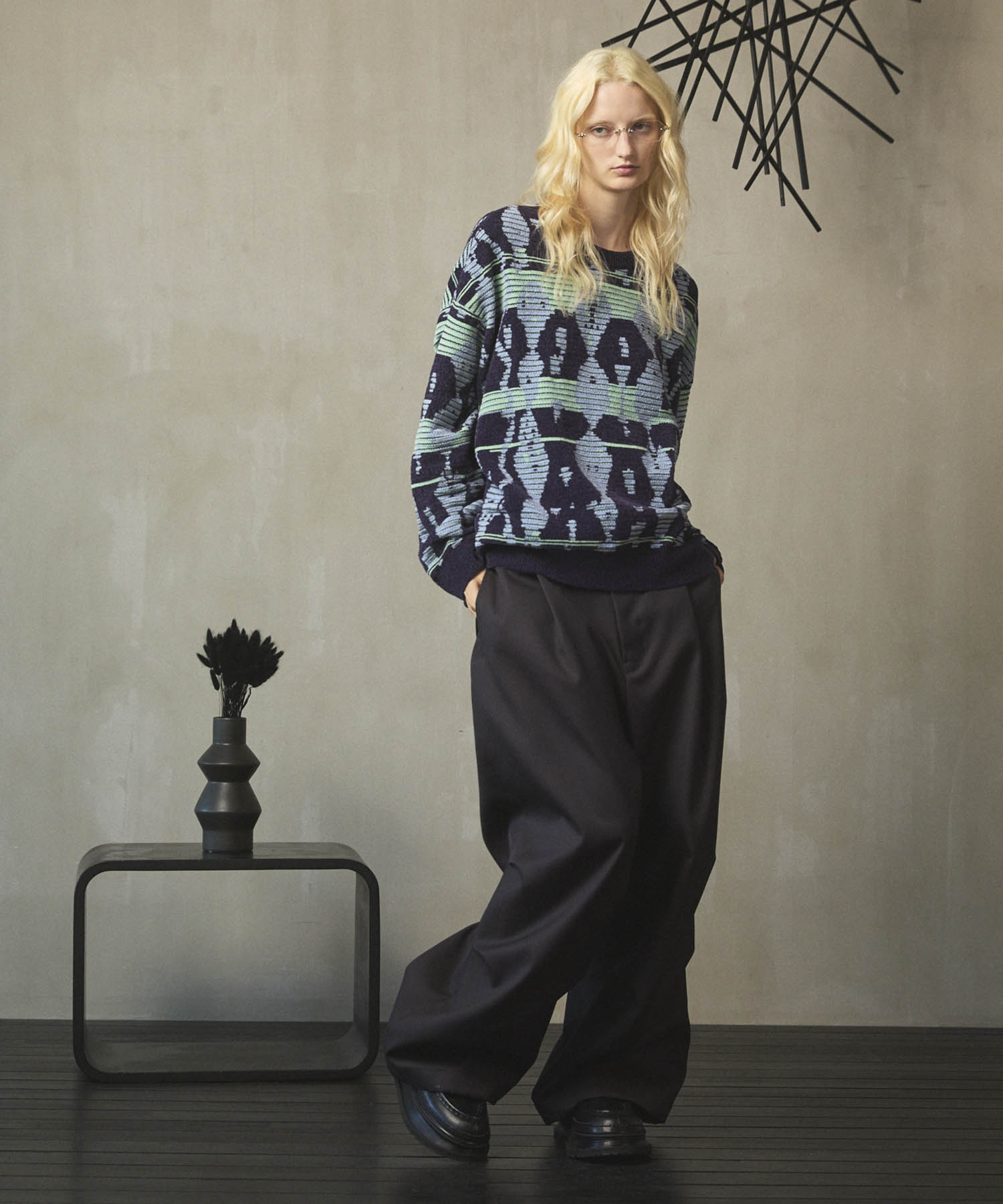 [25AW PRE-ORDER] Rug Pattern Mall Yarn Jacquard Prime-Over Crew Neck Knit Pullover