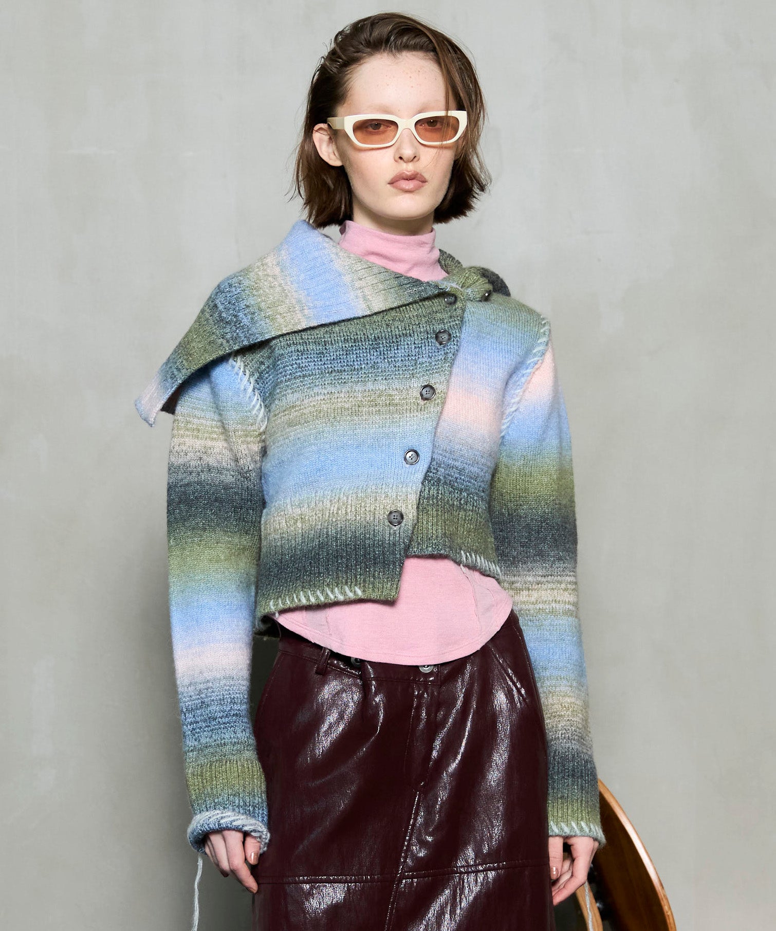 Asymmetry kasuri Knit Cardigan