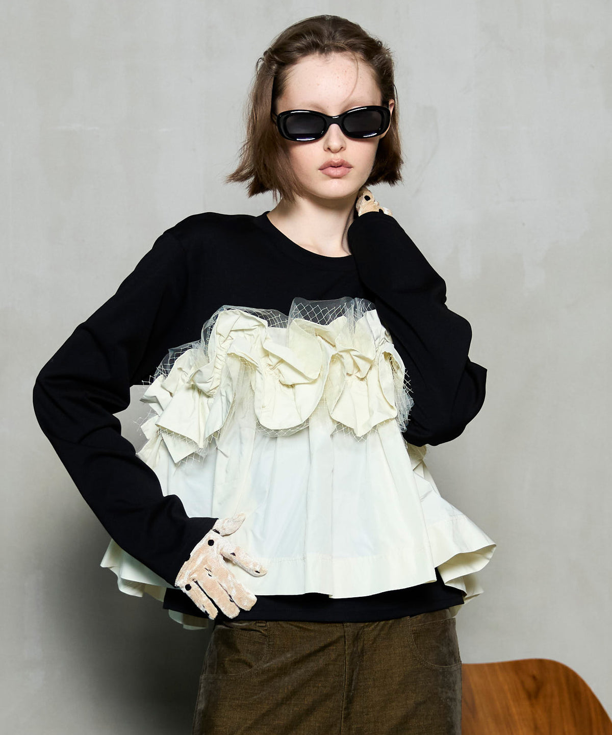 [25AUTUMN PRE-ORDER] Mixed Fabric Frill Tops