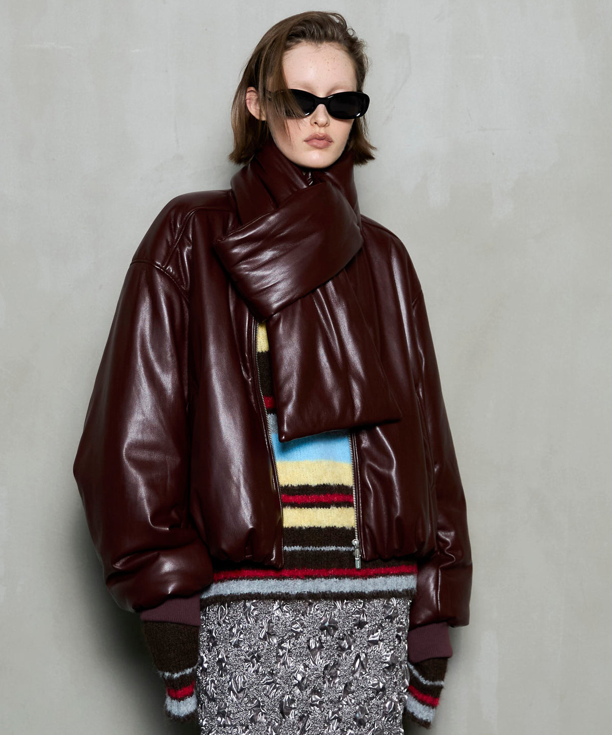 Leather Puffer Jacket With Muffler