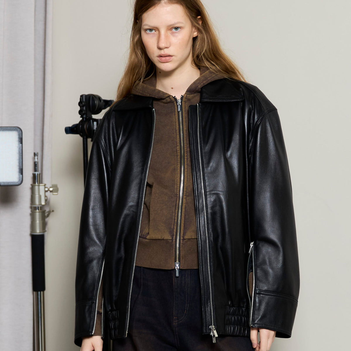 Oversized Real Leather Zip Blouson