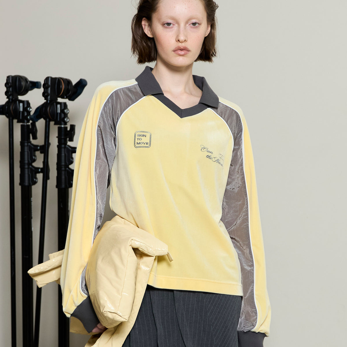 Velour Combination Sporty Jersey Tops