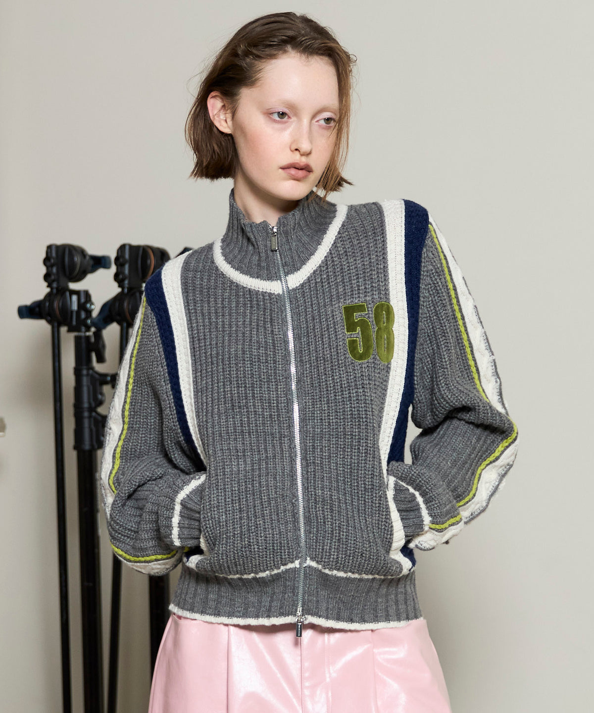 Numbering High Neck Zip Knit Tops