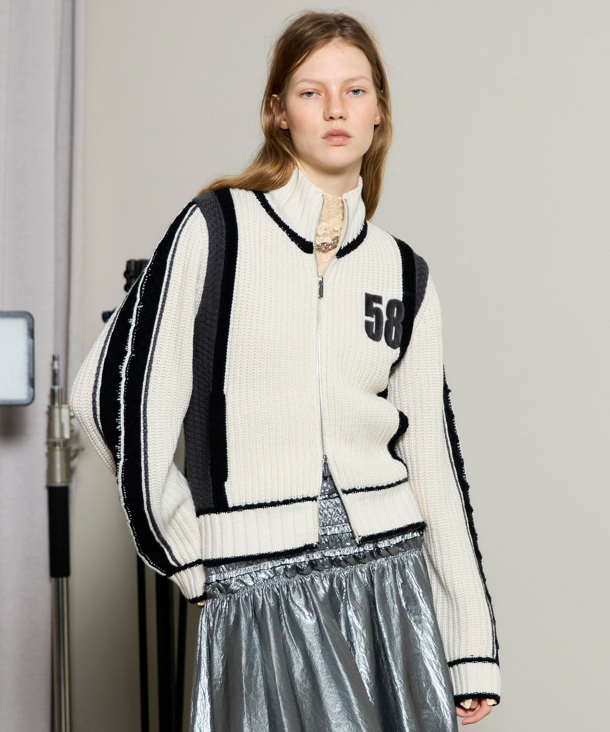 Numbering High Neck Zip Knit Tops