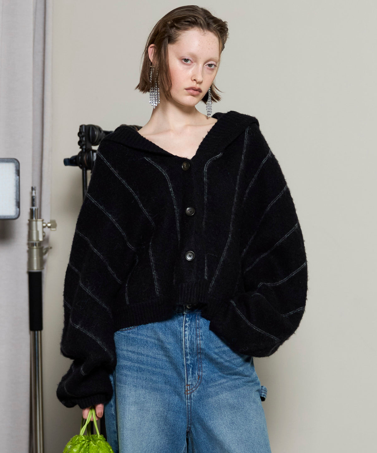 Power Shoulder Hood Knit Cardigan