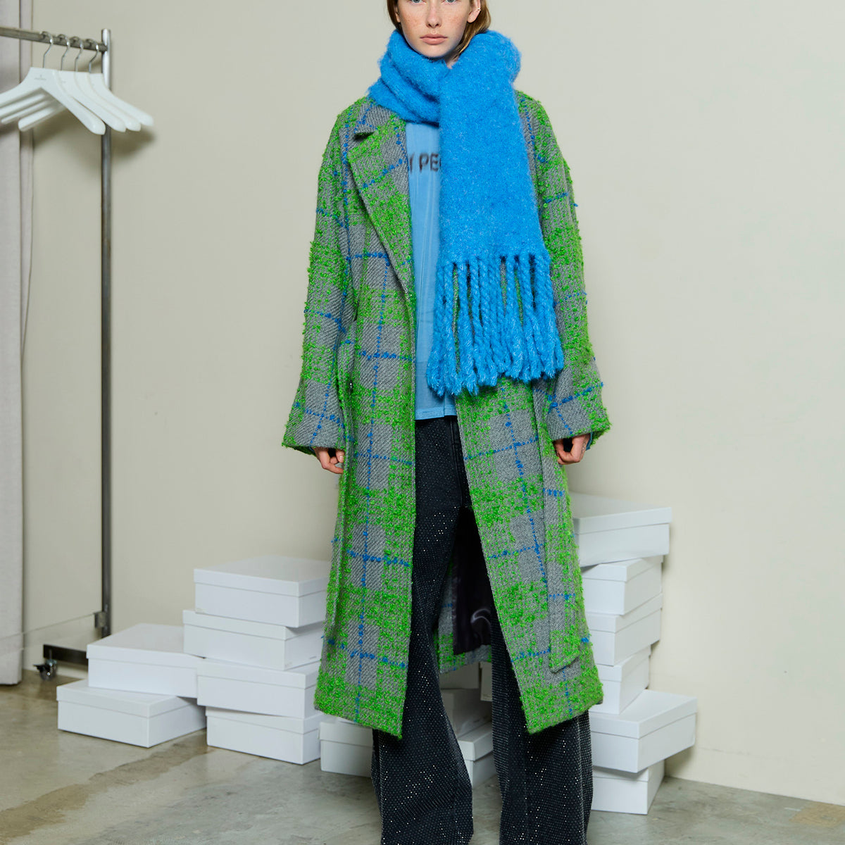 美品✨　マリテフランソワジルボー　変形デザインロングコート　青緑　M ナイロン Hook Double Coat