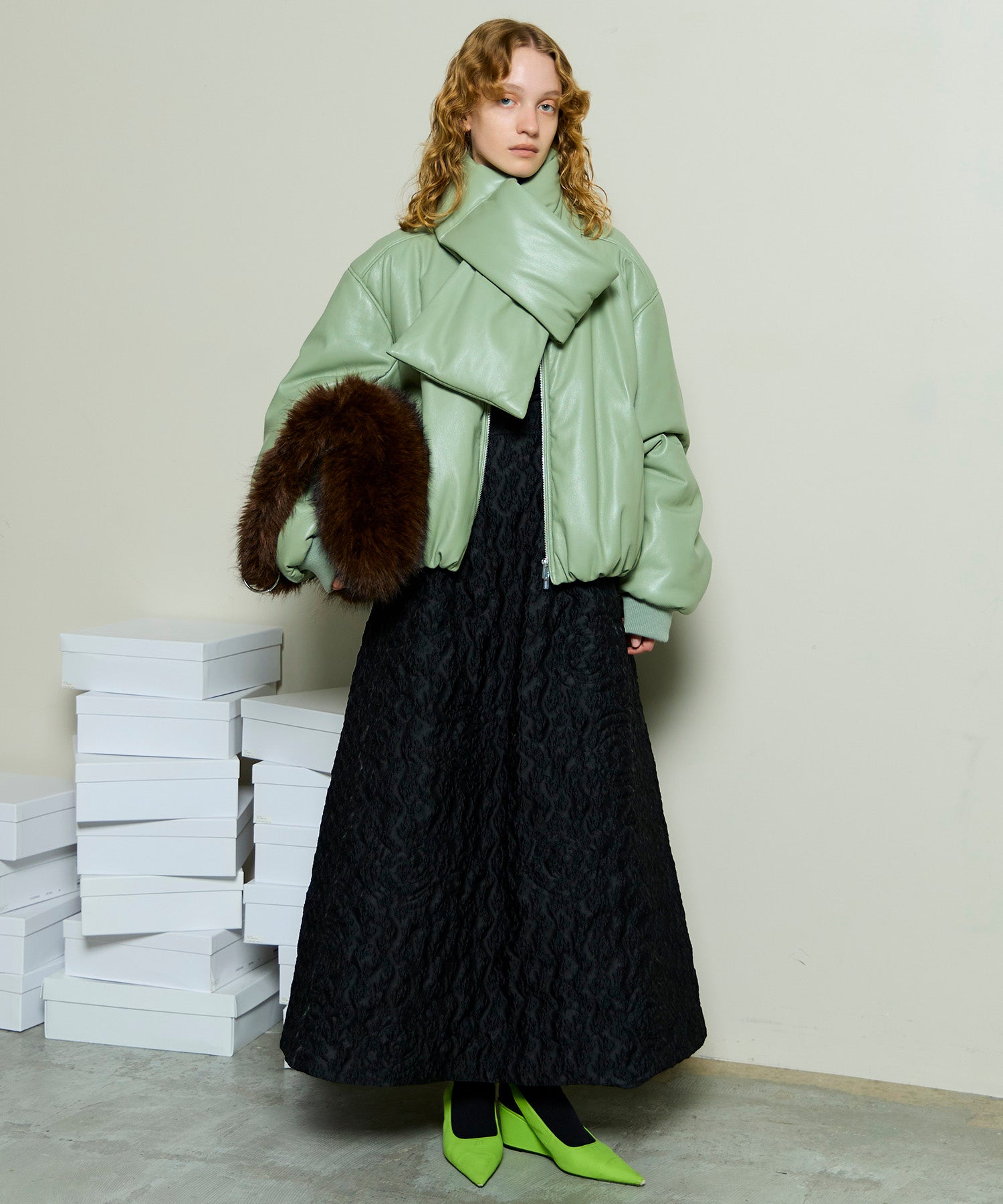 [25WINTER PRE-ORDER] Leather Puffer Jacket With Muffler