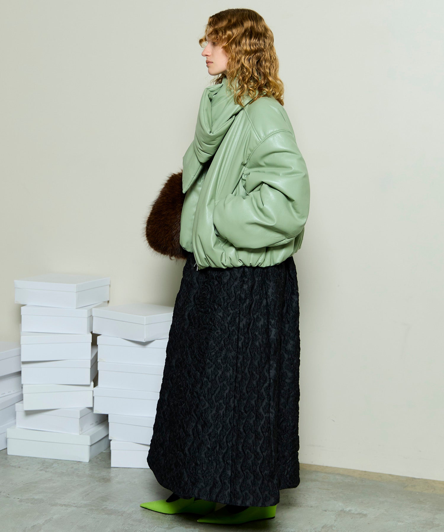 [25WINTER PRE-ORDER] Leather Puffer Jacket With Muffler