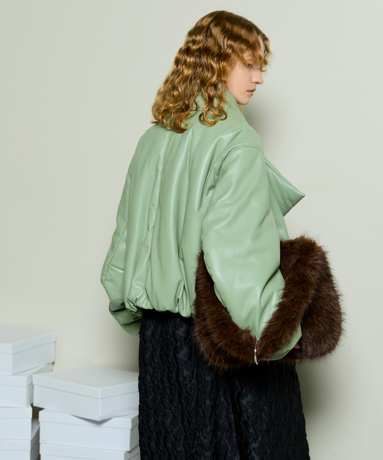 [25WINTER PRE-ORDER] Leather Puffer Jacket With Muffler