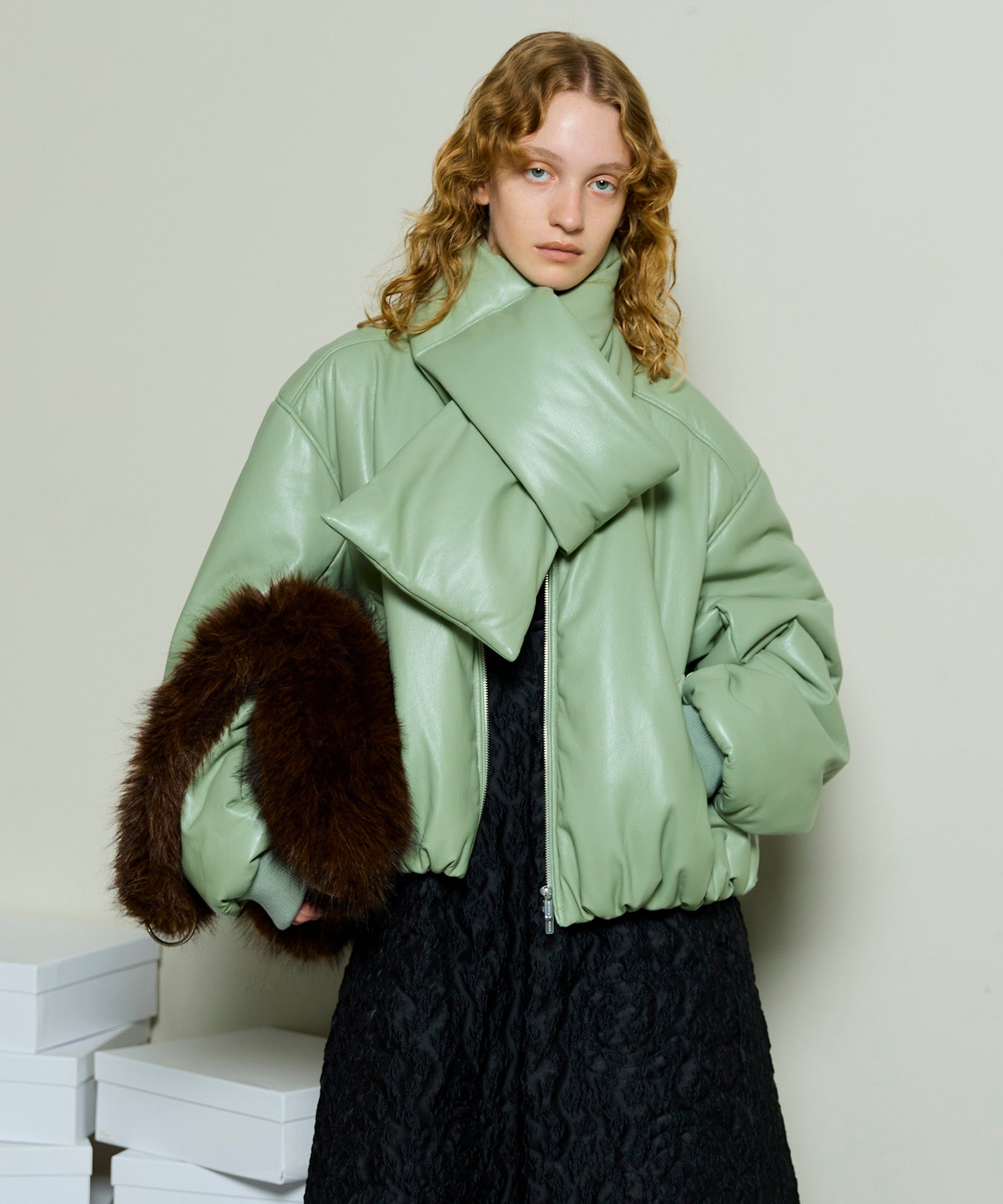 [25WINTER PRE-ORDER] Leather Puffer Jacket With Muffler