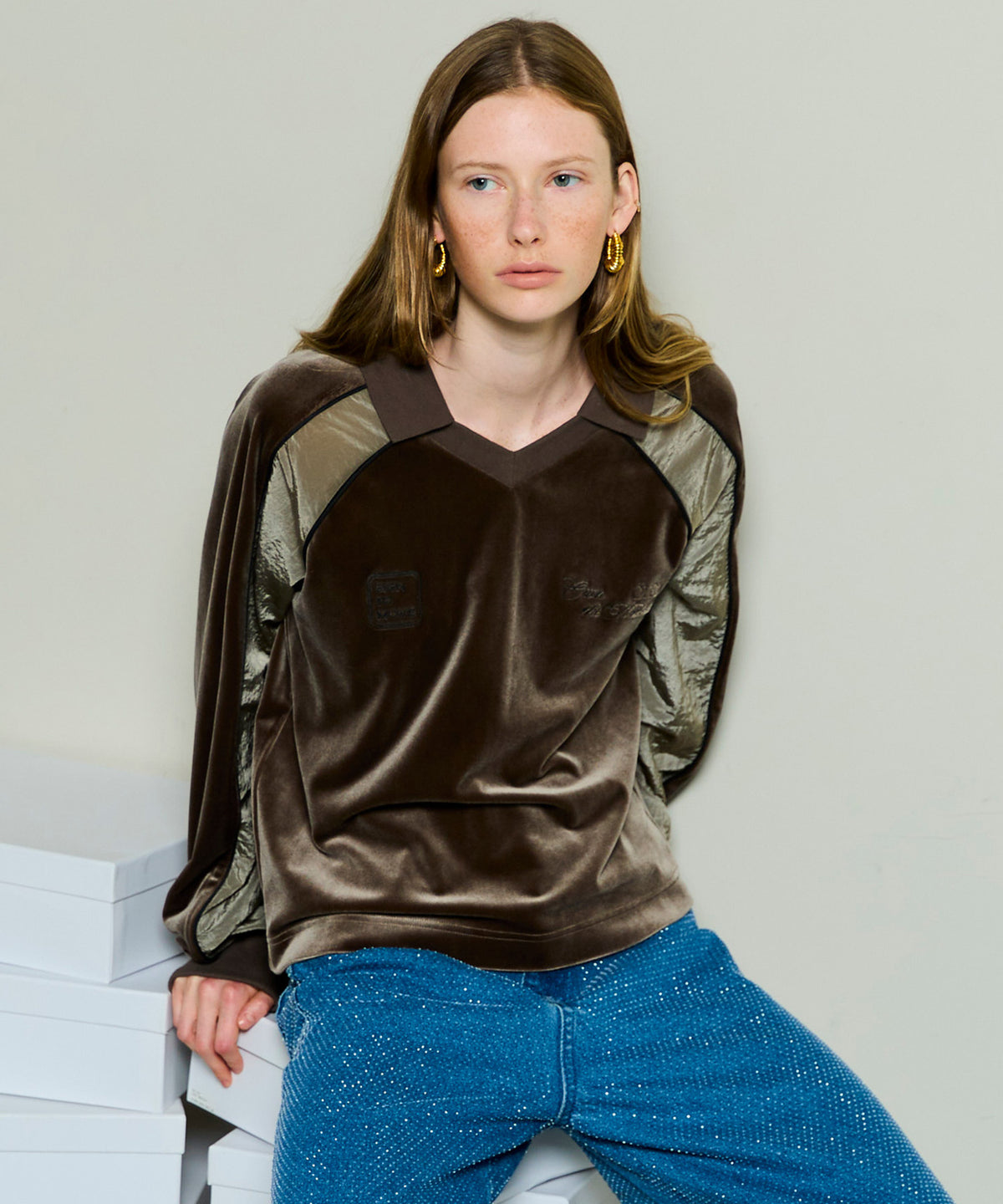 Velour Combination Sporty Jersey Tops