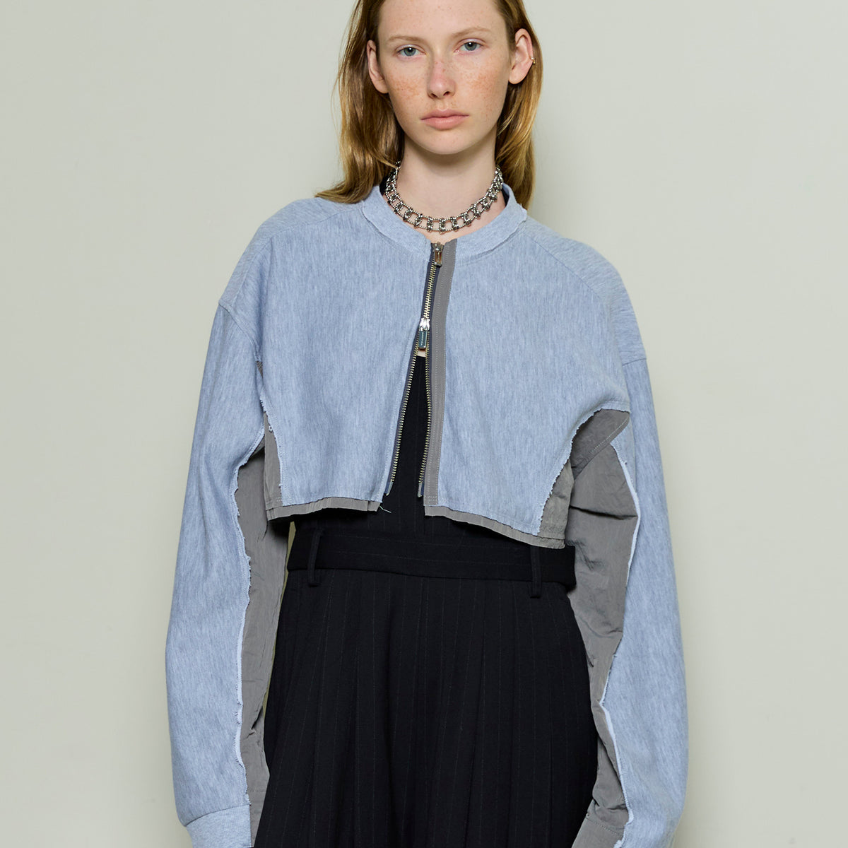 Different Material Docking Sweat Cardigan