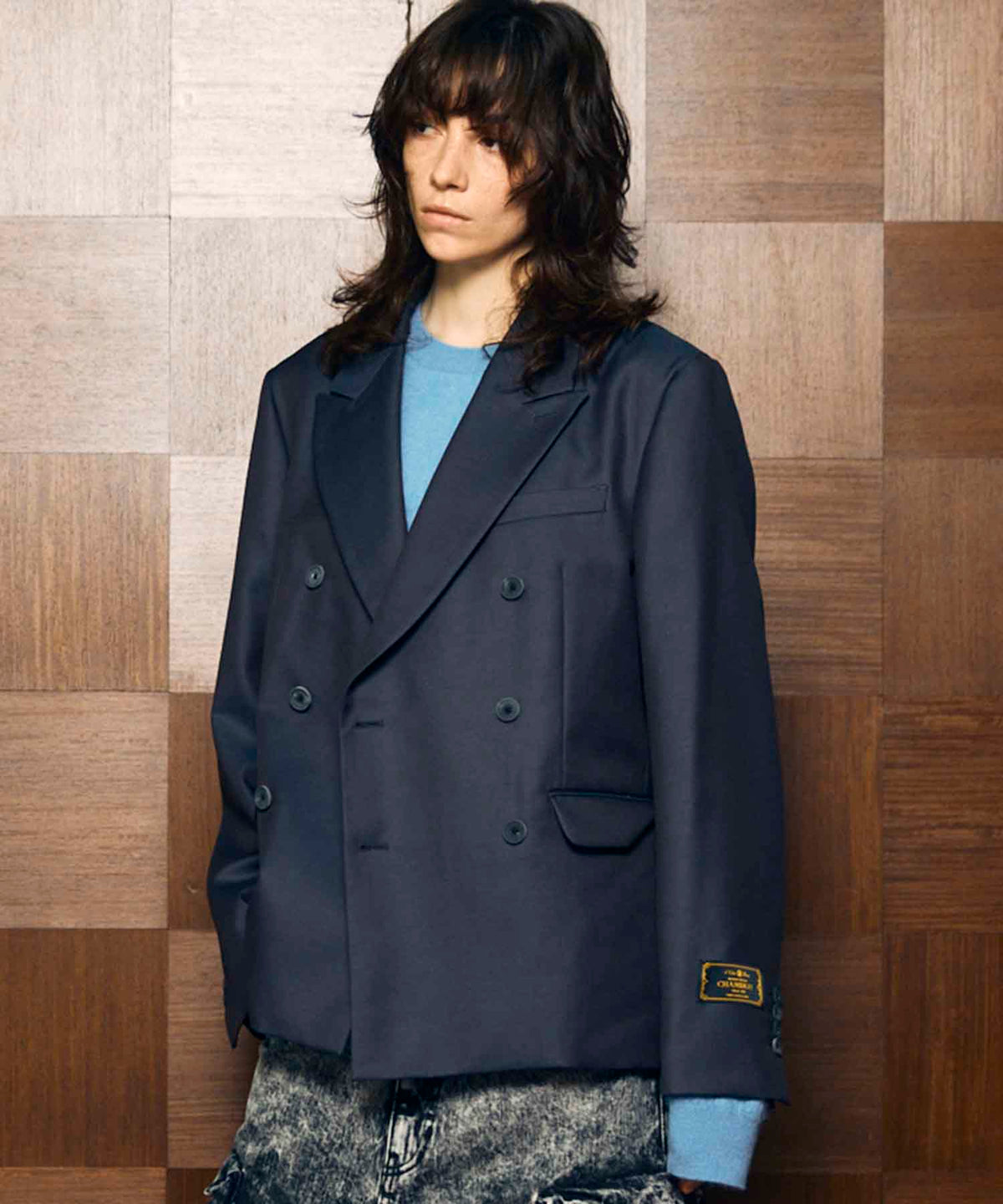 4 Colors Chambray Washable Wool Peaked Lapel Double Breasted Jacket