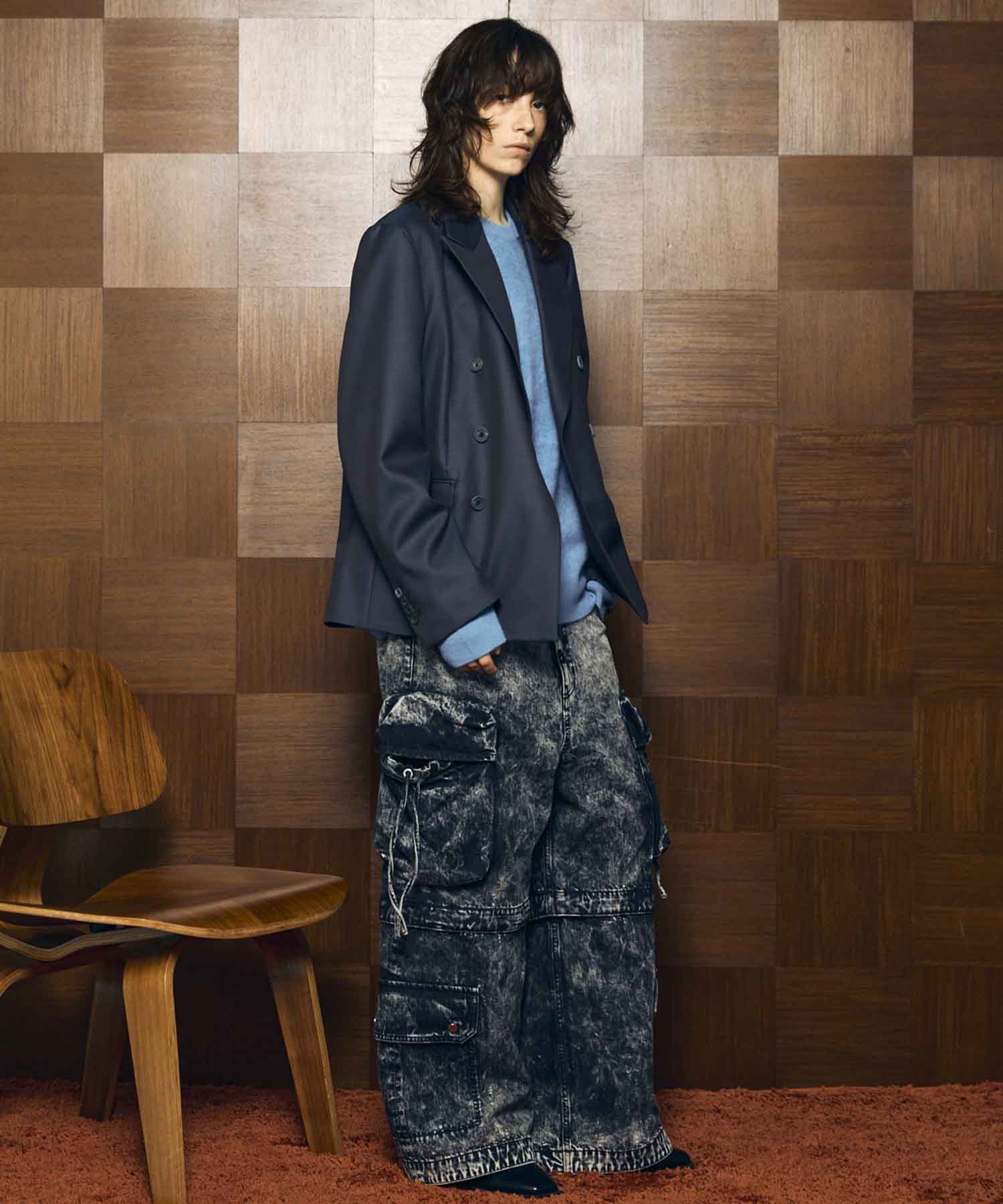 4 색 샹 브레이 세탁 가능한 양모 피크 라펠 더블 가슴 재킷