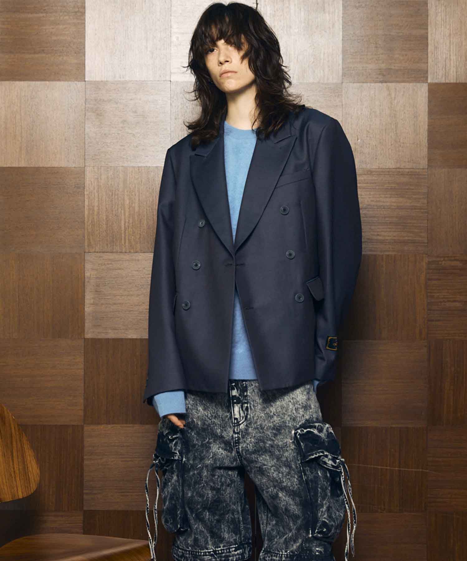 4 색 샹 브레이 세탁 가능한 양모 피크 라펠 더블 가슴 재킷