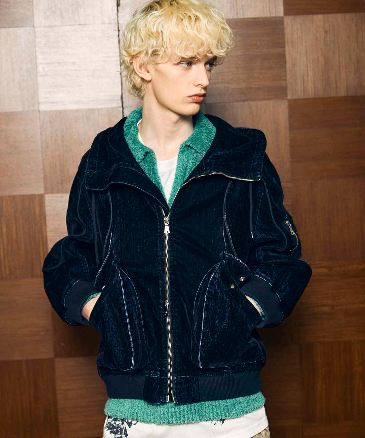 Flocky Denim Prime-Over Zip Blouson